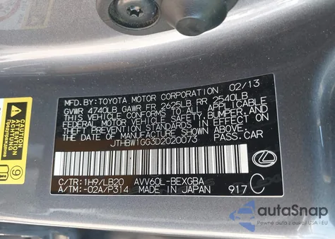 2013 Lexus Es 300H из США, поврежденный, VIN JTHBW1GG3D2020073